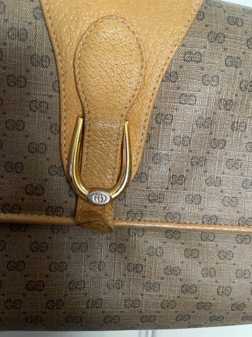 Vintage 1980s Gucci GG Monogram Canvas Crossbody Bag Tan Leather Trim Authentic - Picture 3 of 16